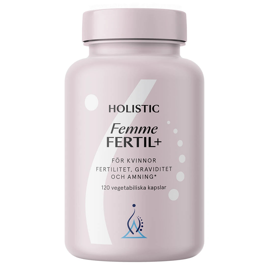 Holistic Femme Fertil+ 120 caps -monivitamiini vaaleanlilassa purkissa valkoisella tekstillä.