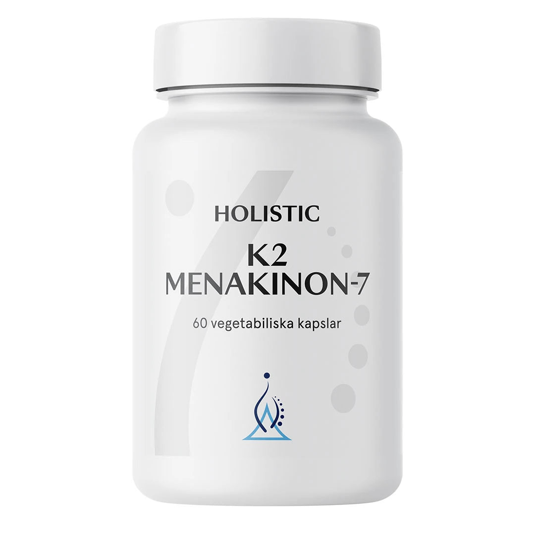 Holistic K2 60 caps -vegaaninen ravintolisä valkoisessa purkissa, jossa on sinisiä ja harmaita yksityiskohtia.