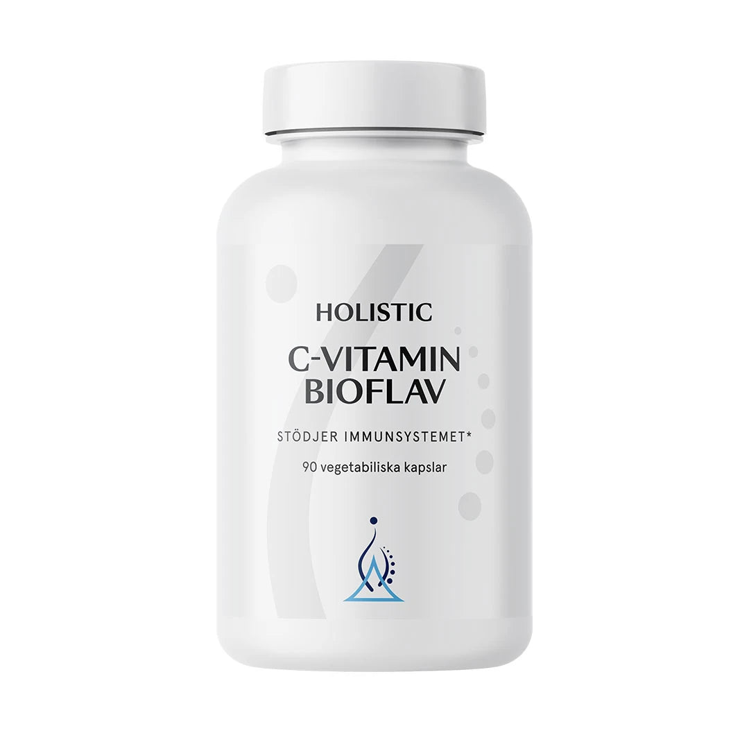 Holistic C-vitamin Bioflav 90 caps valkoisessa purkissa, vegaaninen ravintolisä immuunijärjestelmälle.