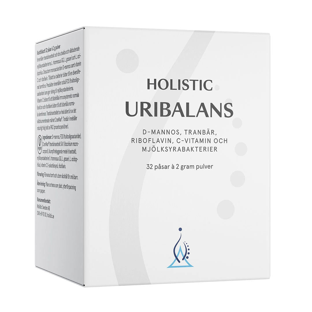 Holistic Uribalans 32 pussia -vegaaninen ravintolisä valkoisessa rasiassa.