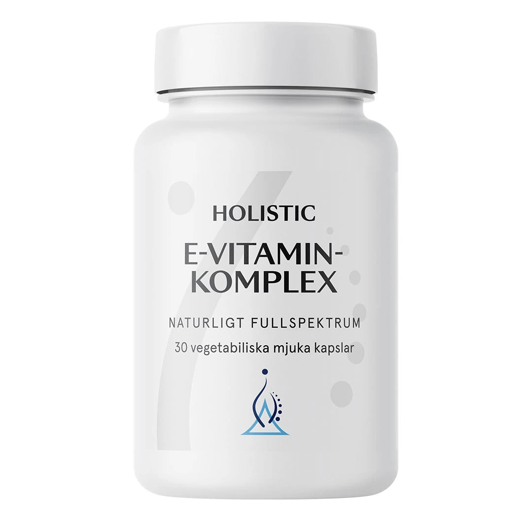 Holistic E-vitaminkomplex 30 caps -vegaaninen E-vitamiini tyylikkäässä valkoisessa purkissa.