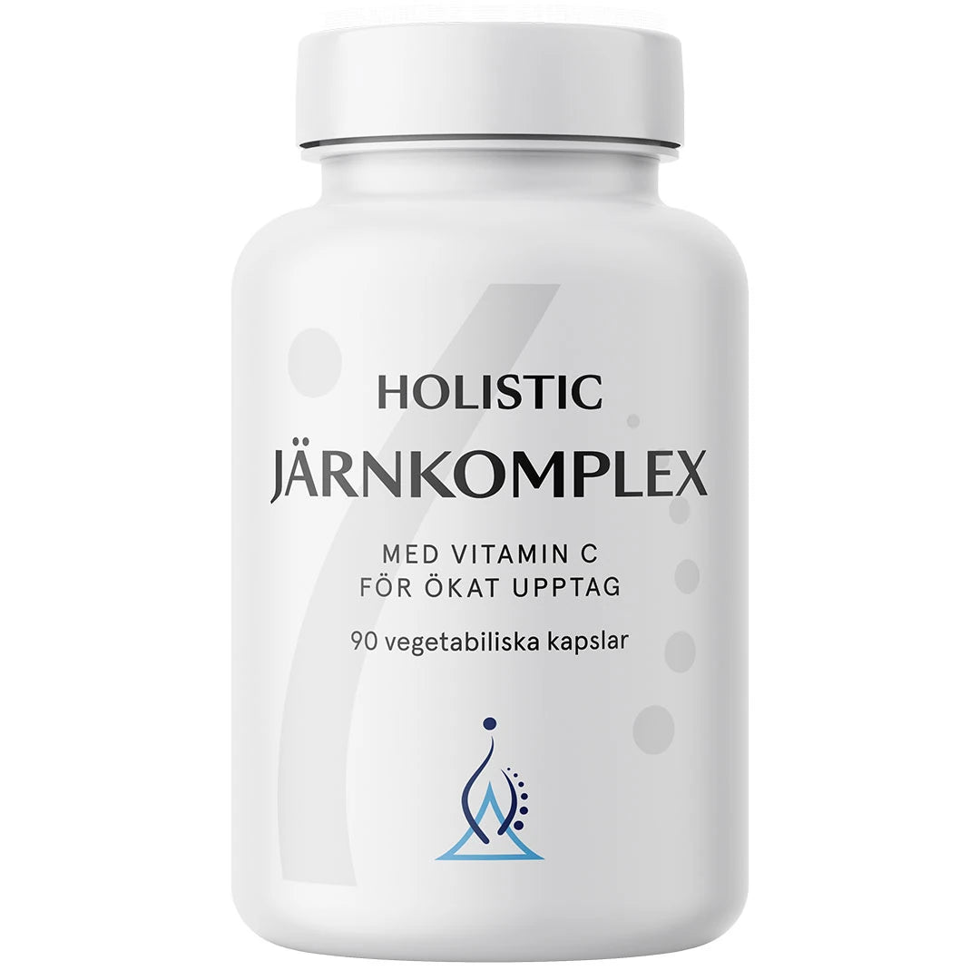 Holistic Järnkomplex 25 mg 90 caps -rautalisä tyylikkäässä valkoisessa purkissa, jossa on musta teksti.