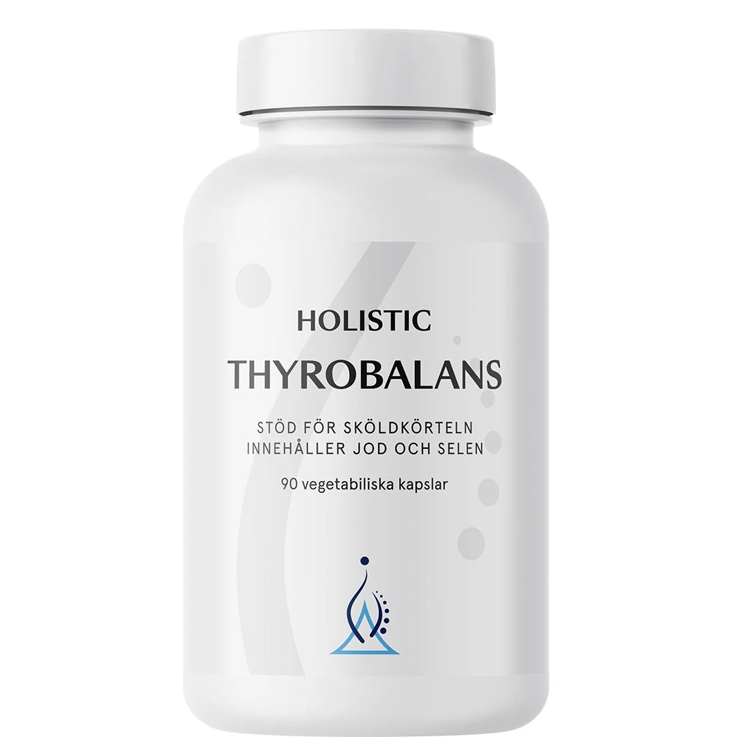 Holistic Thyrobalans 90 caps -ravintolisä valkoisessa muovipurkissa, jossa on harmaa-sinisiä graafisia yksityiskohtia.