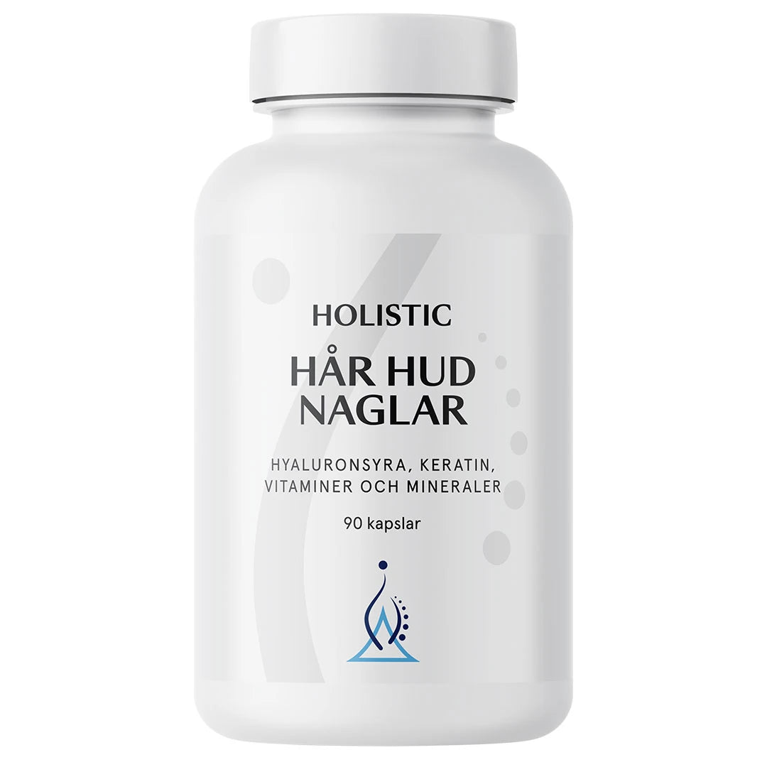Holistic Hår Hud Naglar 90 caps -ravintolisä tyylikkäässä ja minimalistisessa valkoisessa purkissa.