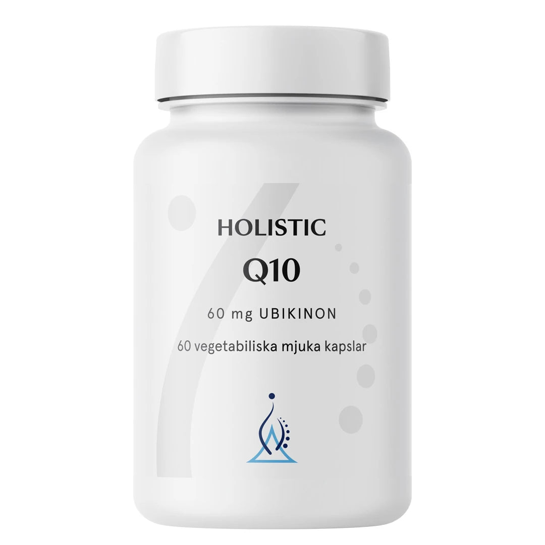 Holistic Q10 60 mg 60 caps tyylikkäässä valkoisessa muovipurkissa.