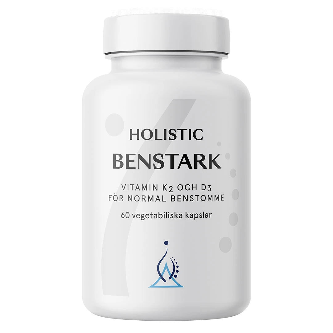 Holistic Benstark 60 caps valkoisessa purkissa, sisältää K2- ja D3-vitamiinia luustolle.