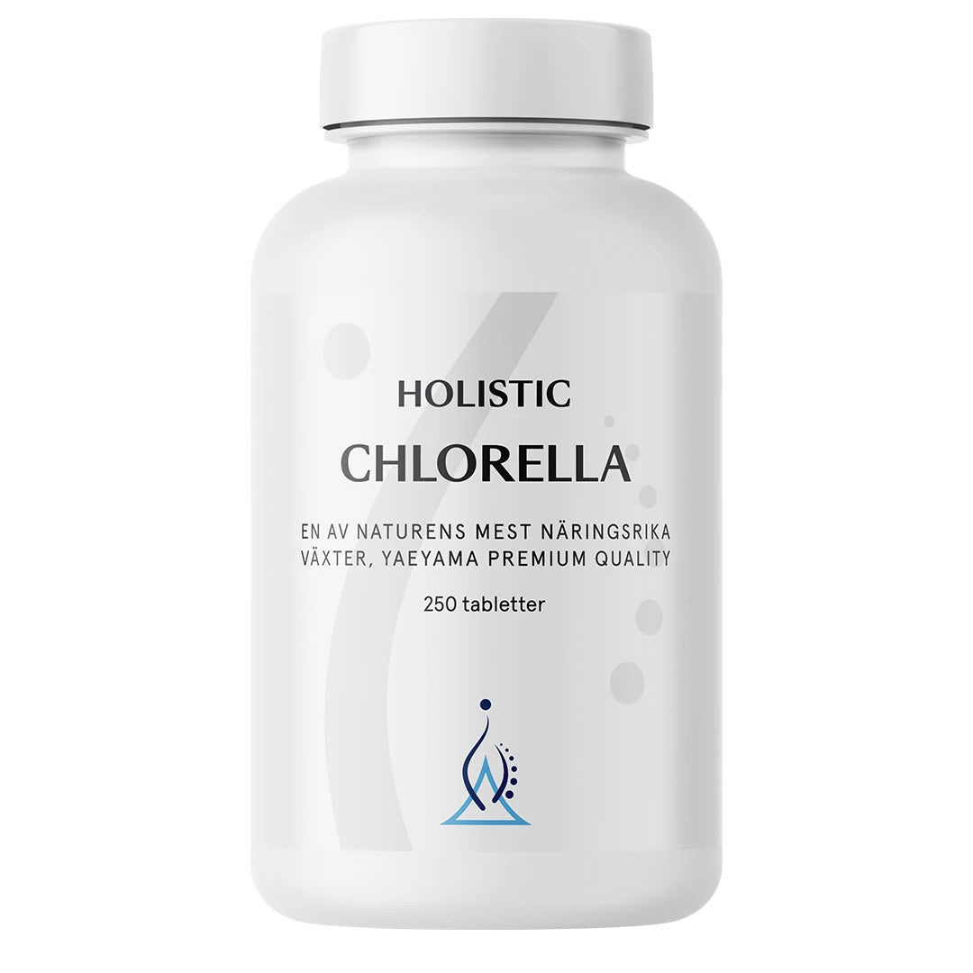 Holistic Chlorella 250 tabs tyylikkäässä valkoisessa purkissa, jossa on harmaita ja sinisiä yksityiskohtia.