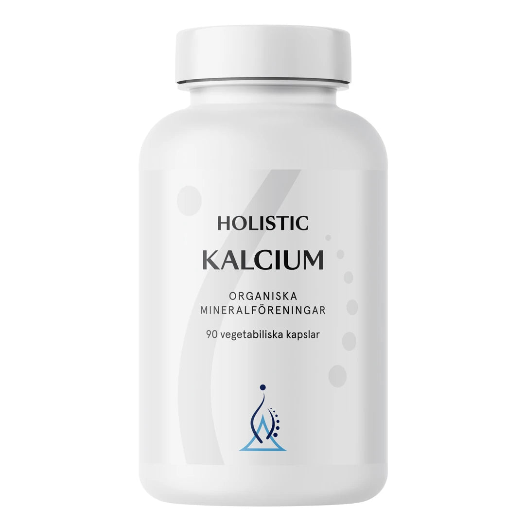 Holistic Kalcium 160 mg 90 caps tyylikkäässä valkoisessa muovipurkissa, jossa on harmaita ja sinisiä graafisia yksityiskohtia.