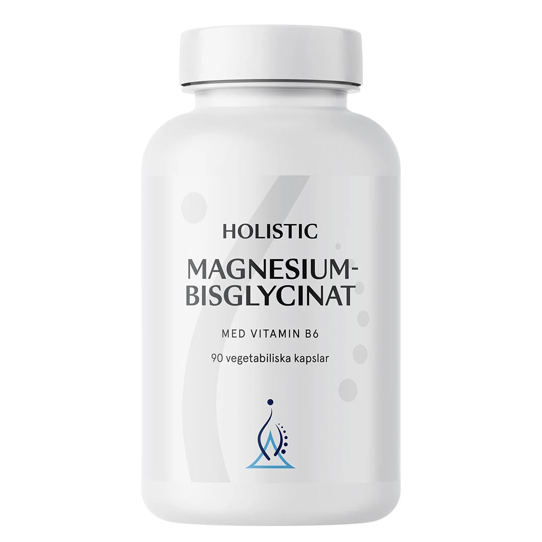 Holistic Magnesiumbisglycinat 100 mg 90 caps pakattuna valkoiseen purkkiin, jossa on vaaleanharmaita yksityiskohtia.