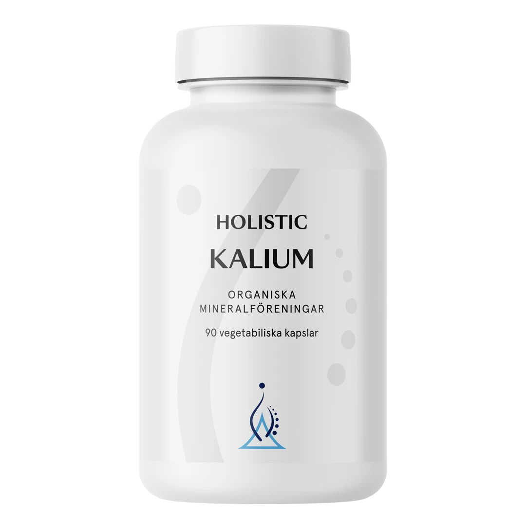 Holistic Kalium 250 mg 90 caps -ravintolisä valkoisessa purkissa harmailla yksityiskohdilla.