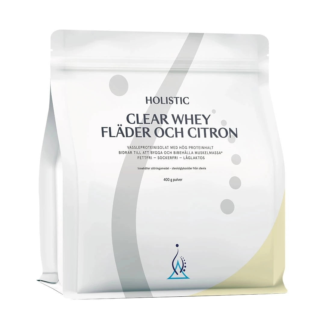 Valkoinen pussi Holistic Clear Whey -heraproteiini-isolaattia 400 g, makuna seljankukka ja sitruuna.