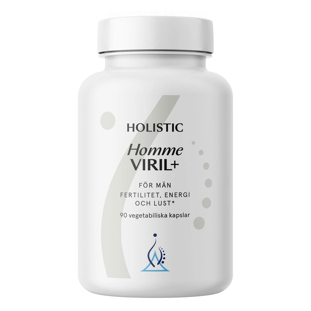 Holistic Homme Viril+ 90 caps -monivitamiini miehille tyylikkäässä valkoisessa purkissa mustilla yksityiskohdilla.