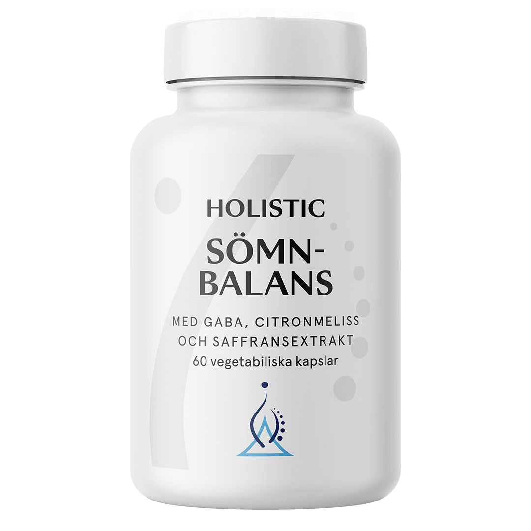 Valkoinen purkki Holistic Sömnbalans 60 caps -unilisäravinnetta, jossa on yrttejä, aminohappoja ja sahramiuutetta.