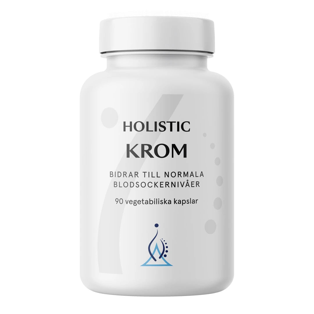 Holistic Krom 90 caps -ravintolisä valkoisessa purkissa, jonka etupuolella on musta teksti ja sininen logo.