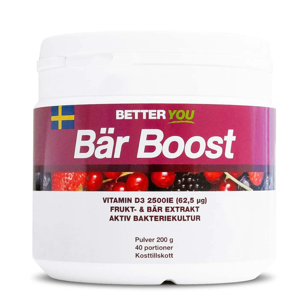 Better You Bär Boost Pulver 200 g valkoisessa purkissa, jossa on liila etiketti ja marjakuvio.