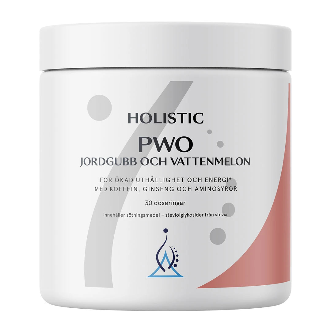Holistic PWO 345 g valkoisessa purkissa harmailla ja punaisilla yksityiskohdilla, makuna Mansikka & Vesimeloni.