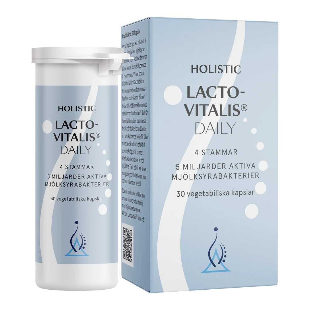 Holistic Lactovitalis® daily 30 caps -maitohappobakteerit valkoisessa purkissa ja vaaleansinisessä rasiassa.