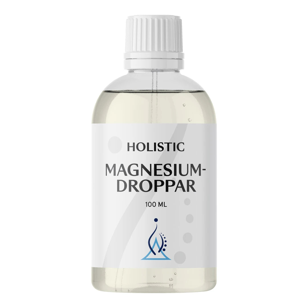 Holistic Magnesiumdroppar 100 ml, nestemäinen ravintolisä läpinäkyvässä pullossa valkoisella etiketillä.