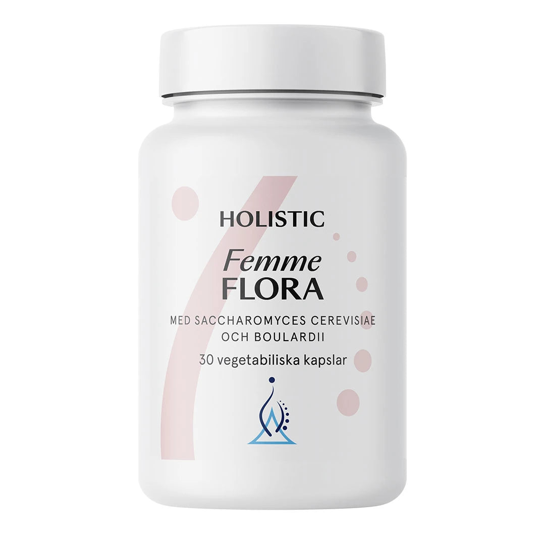 Holistic Femme Flora 30 caps -ravintolisä valkoisessa purkissa vaaleanpunaisin ja sinisin yksityiskohdin.