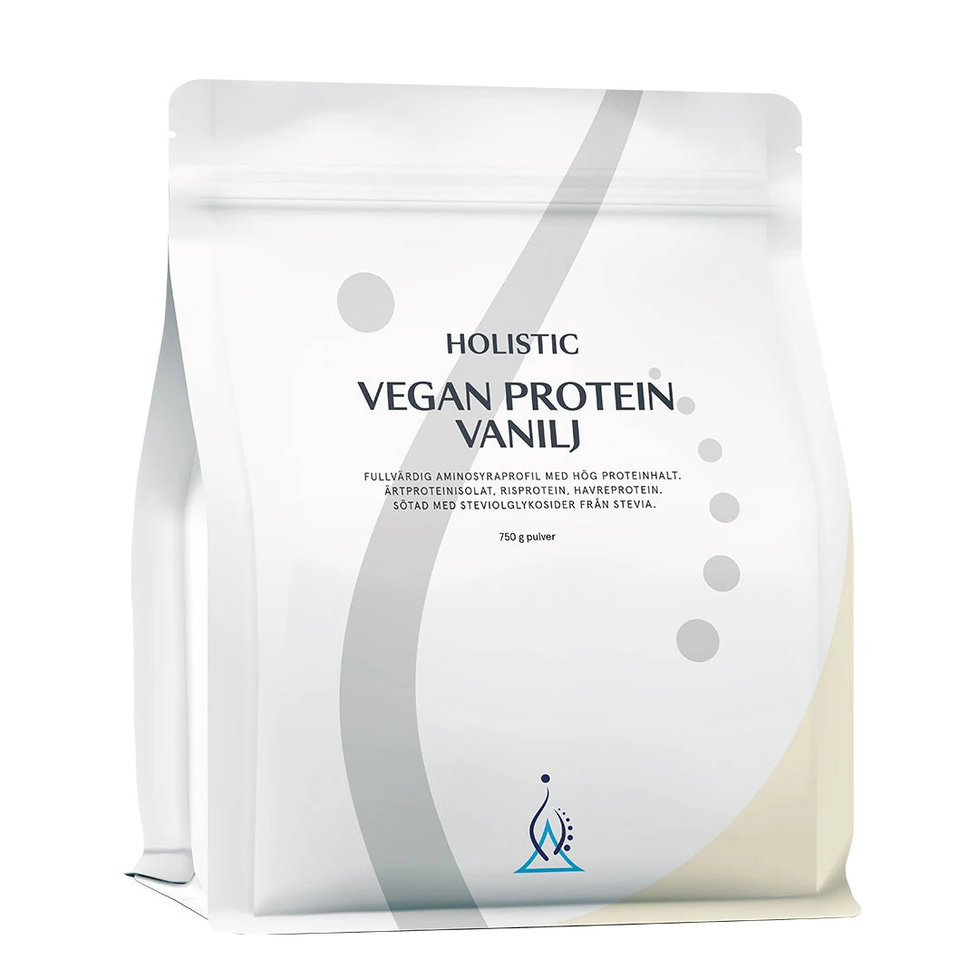 Vegaaninen Holistic Vegan protein 750 g -proteiinijauhe tyylikkäässä valkoisessa pussissa, makuna Vanilj.