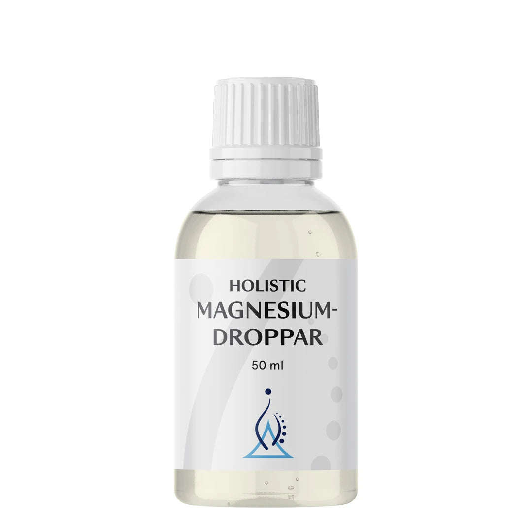 Holistic Magnesiumdroppar 50 ml -nestemäinen magnesium kirkkaassa pullossa, valkoinen etiketti ja kierrekorkki.