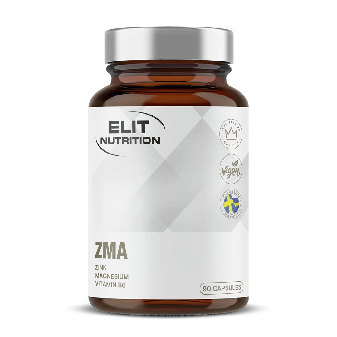 Elit Nutrition ZMA 90 caps ruskeassa purkissa, jossa on hopeanvärinen kansi ja valkoinen etiketti.