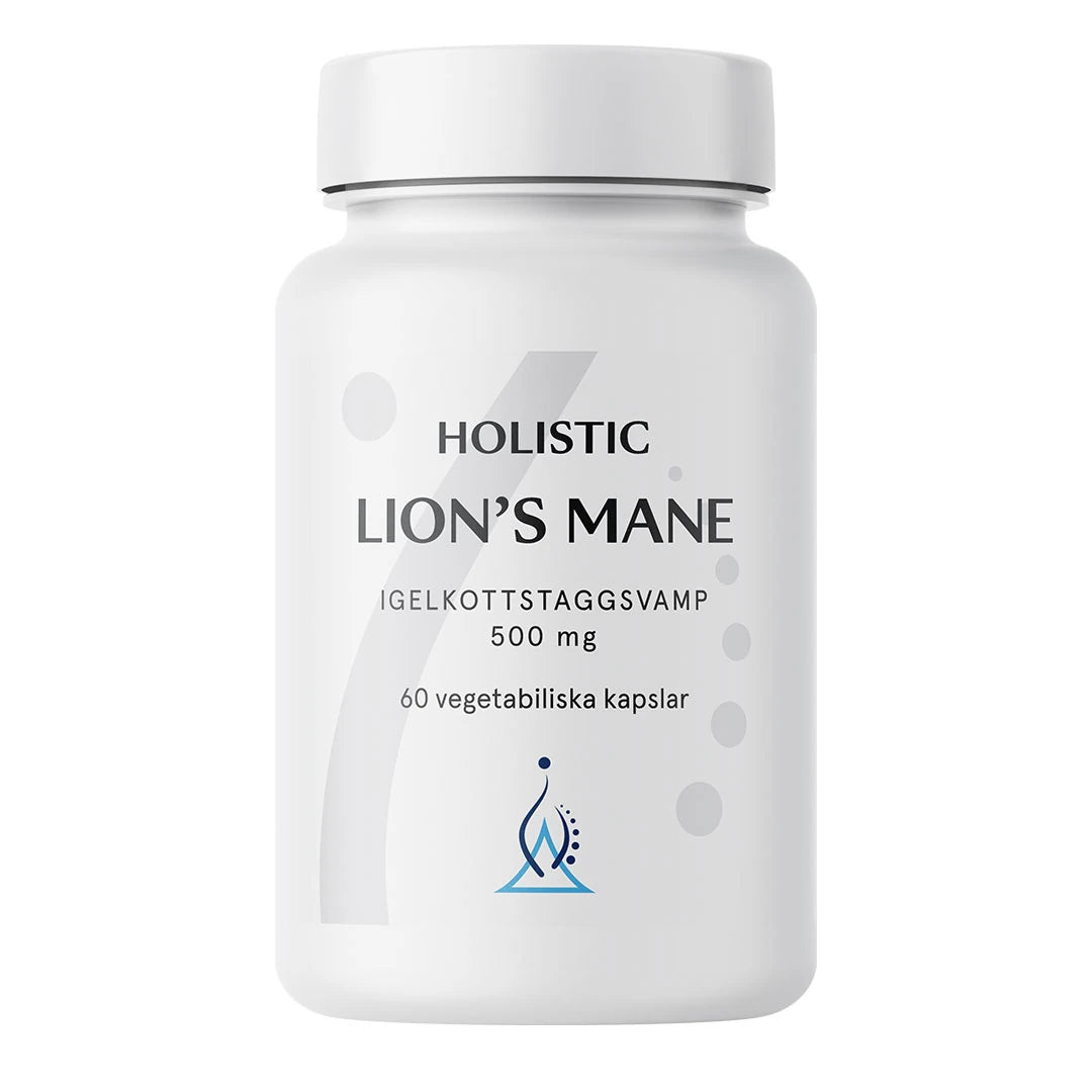 Holistic Lion's mane 60 caps valkoisessa purkissa tyylikkäällä etiketillä, vegaaninen ravintolisä henkiseen keskittymiseen.