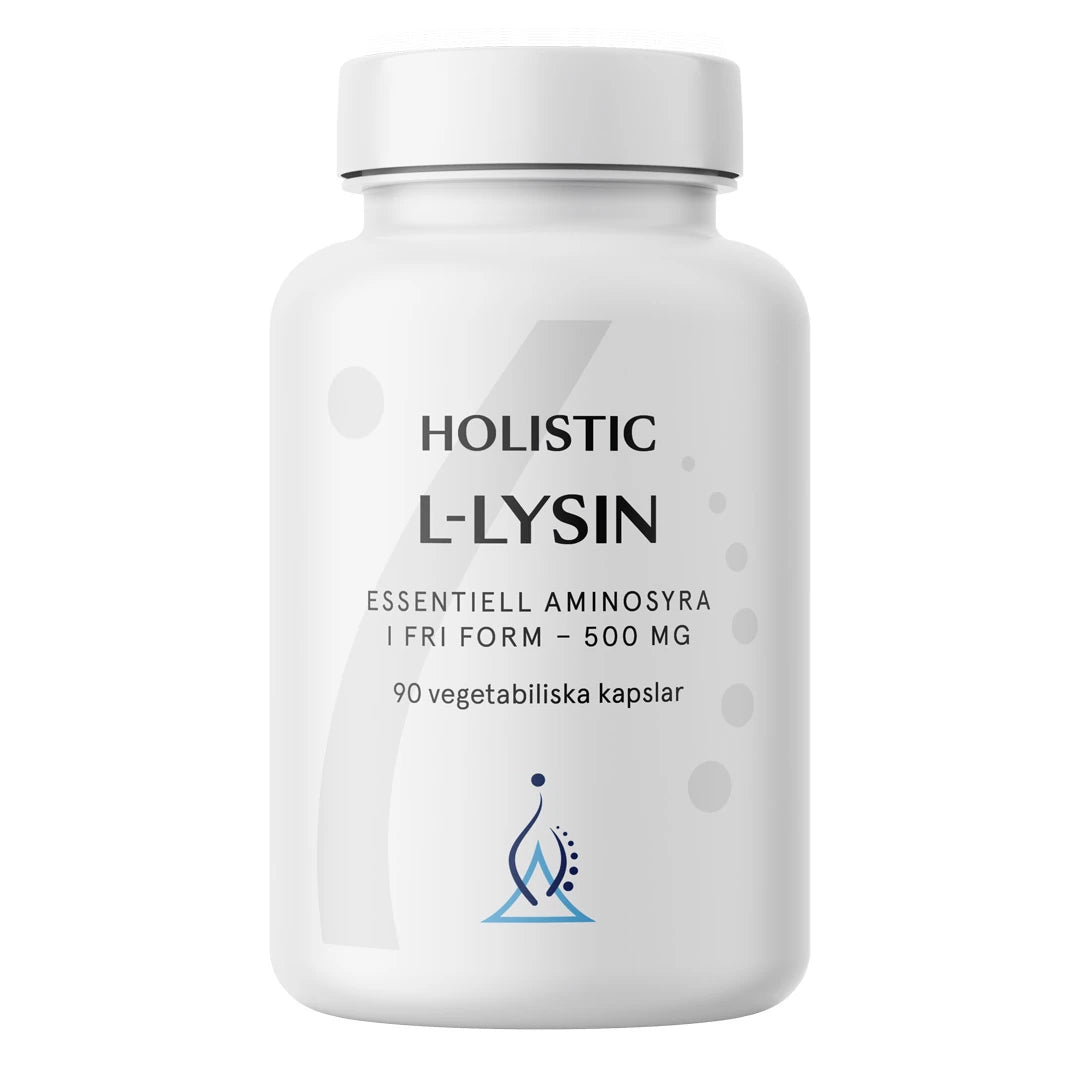 Holistic L-lysin 500 mg 90 caps tyylikkäässä valkoisessa purkissa, jossa on sininen logo ja harmaita yksityiskohtia.
