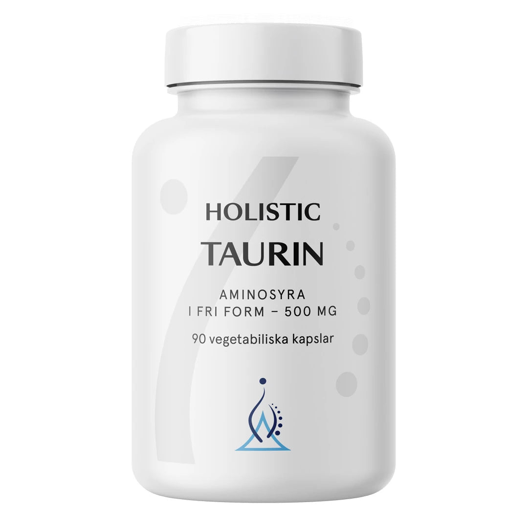 Holistic Taurin 500 mg 90 caps, vegaaninen ravintolisä valkoisessa purkissa harmailla ja sinisillä yksityiskohdilla.