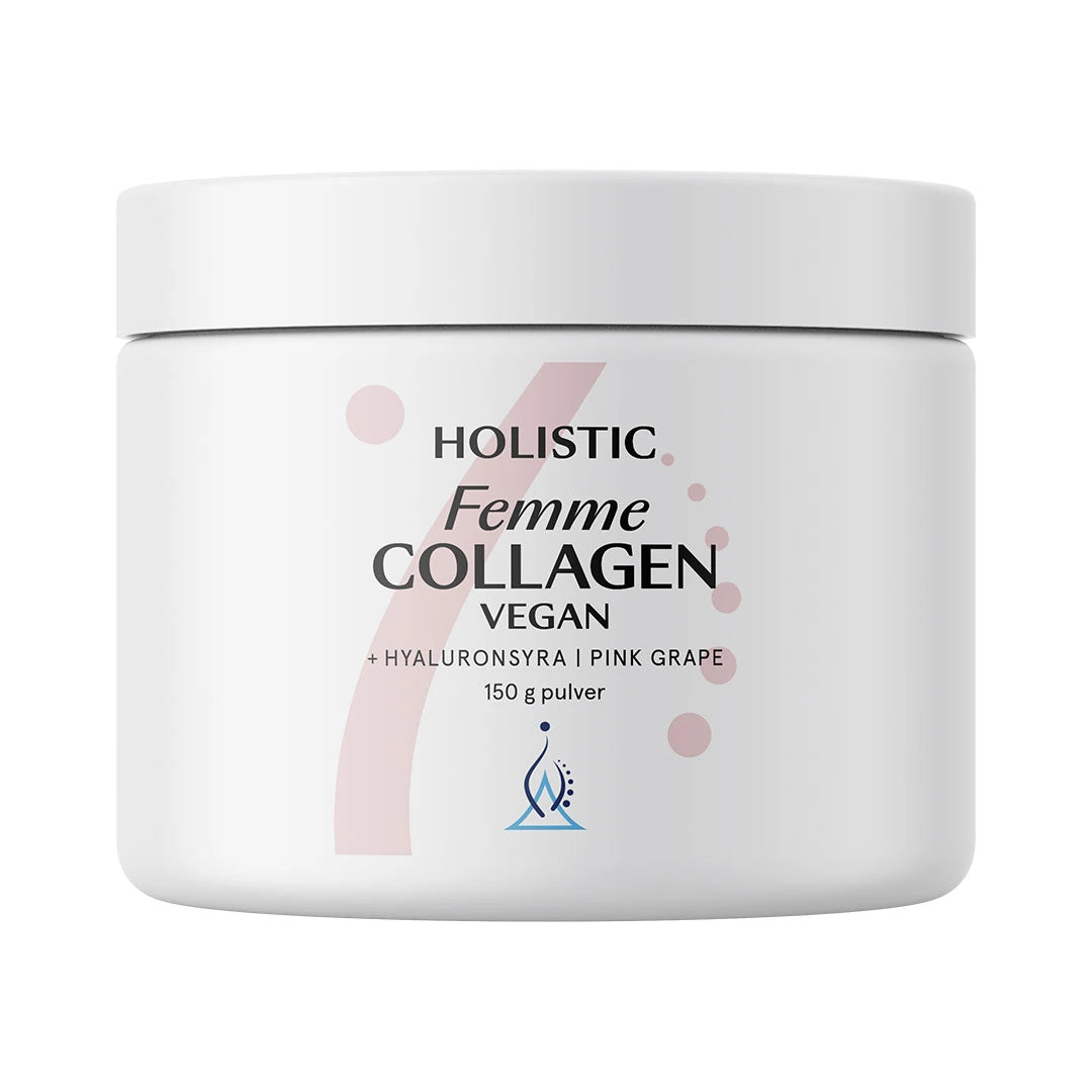Holistic Femme Collagen vegan 150 g -kollageenijauhe makuna Pink Grape, valkoisessa purkissa pinkeillä yksityiskohdilla.