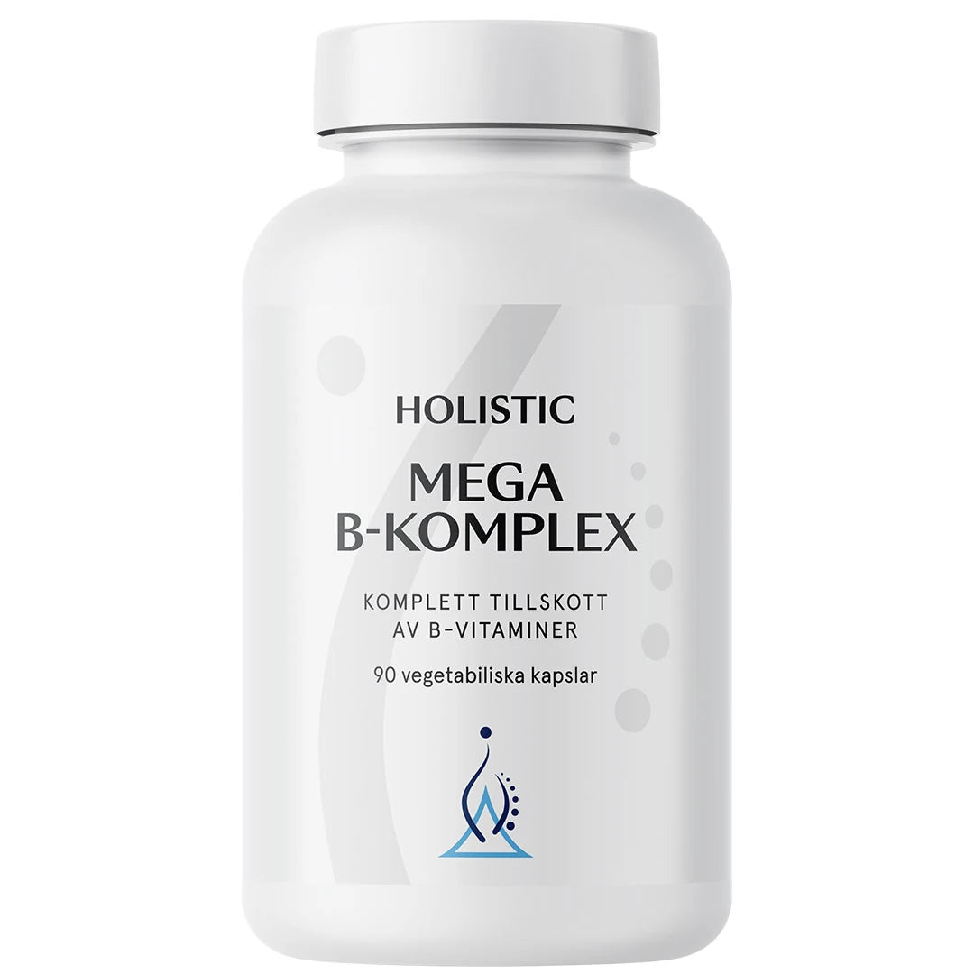 Holistic Mega B-komplex 90 caps -B-vitamiinilisä valkoisessa purkissa vaaleanharmailla yksityiskohdilla.