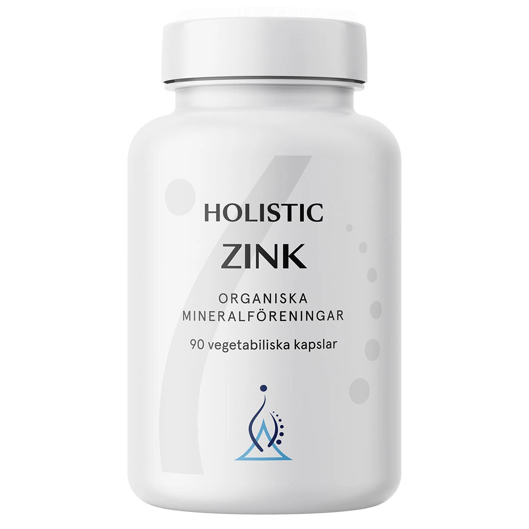 Holistic Zink 25 mg 90 caps -sinkkiravintolisä pakattuna tyylikkääseen valkoiseen purkkiin.