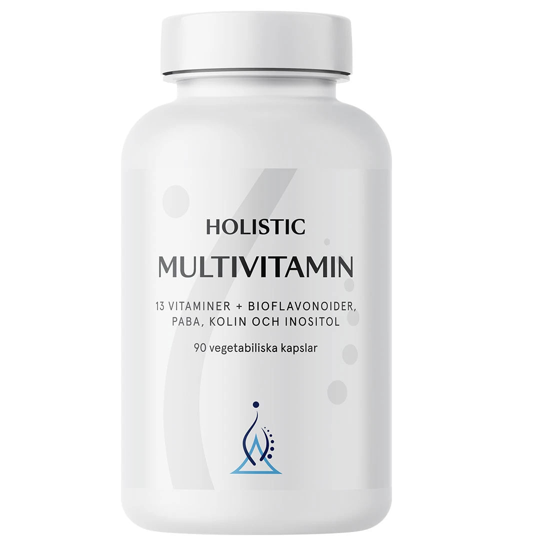 Holistic Multivitamin 90 caps valkoisessa purkissa tyylikkäällä etiketillä, sisältää 13 vitamiinia ja bioflavonoideja.