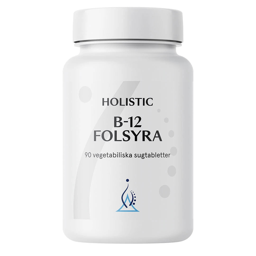 Holistic B-12 Folsyra 90 tabs tyylikkäässä valkoisessa muovipurkissa, ravintolisä energialle ja hermostolle.
