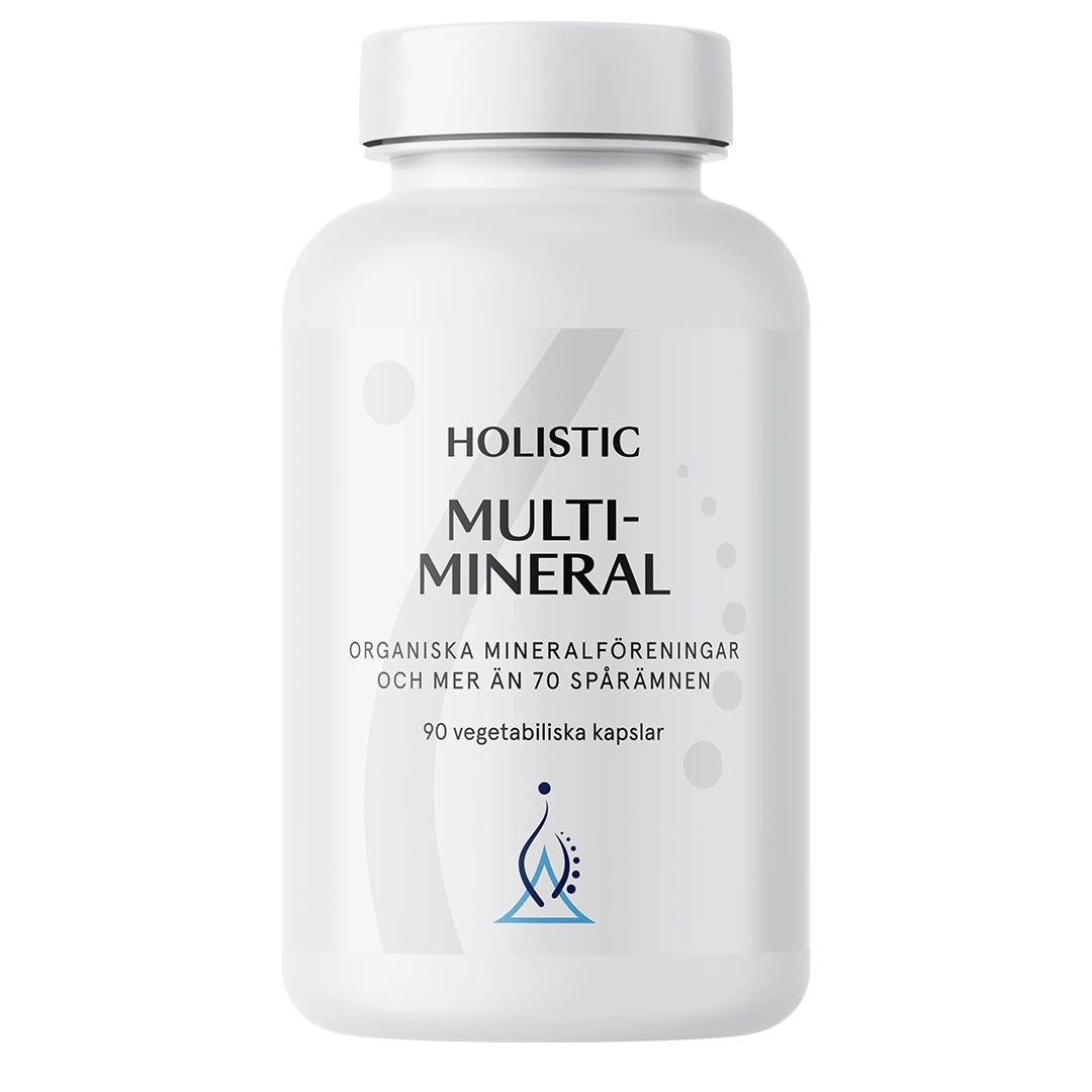 Holistic Multimineral 90 caps -kivennäisainelisä tyylikkäässä valkoisessa purkissa valkoisella kannella.