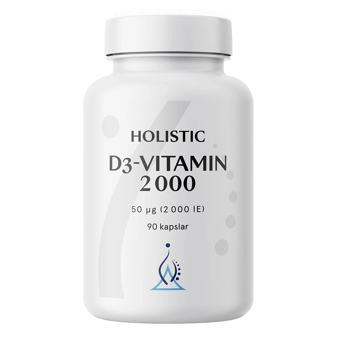Holistic D3-vitamin 2000 90 caps -ravintolisä pakattuna valkoiseen muovipurkkiin, jossa on tyylikäs musta teksti.