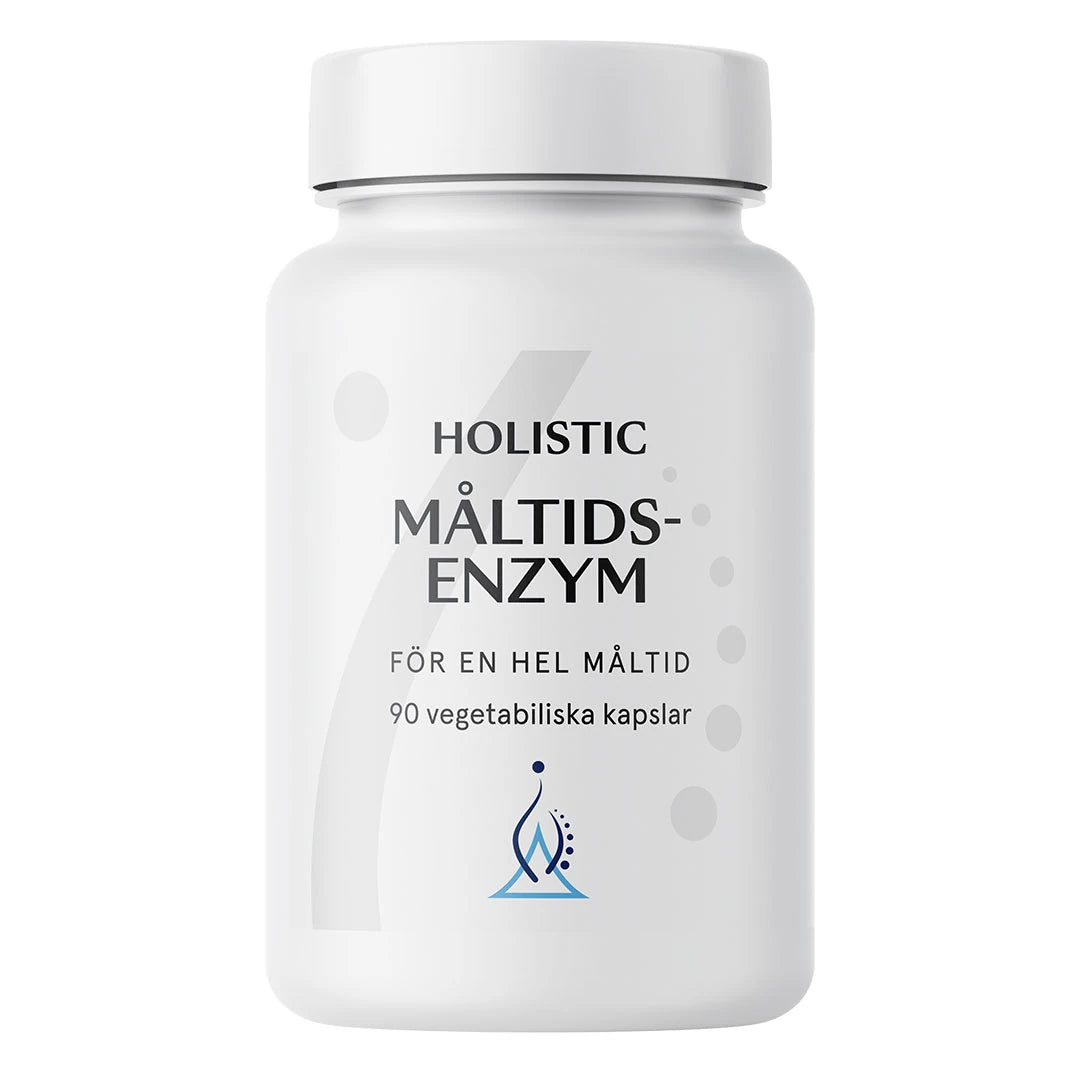 Holistic Måltidsenzym 90 caps -ruoansulatusentsyymit valkoisessa purkissa, jossa on sininen logo.