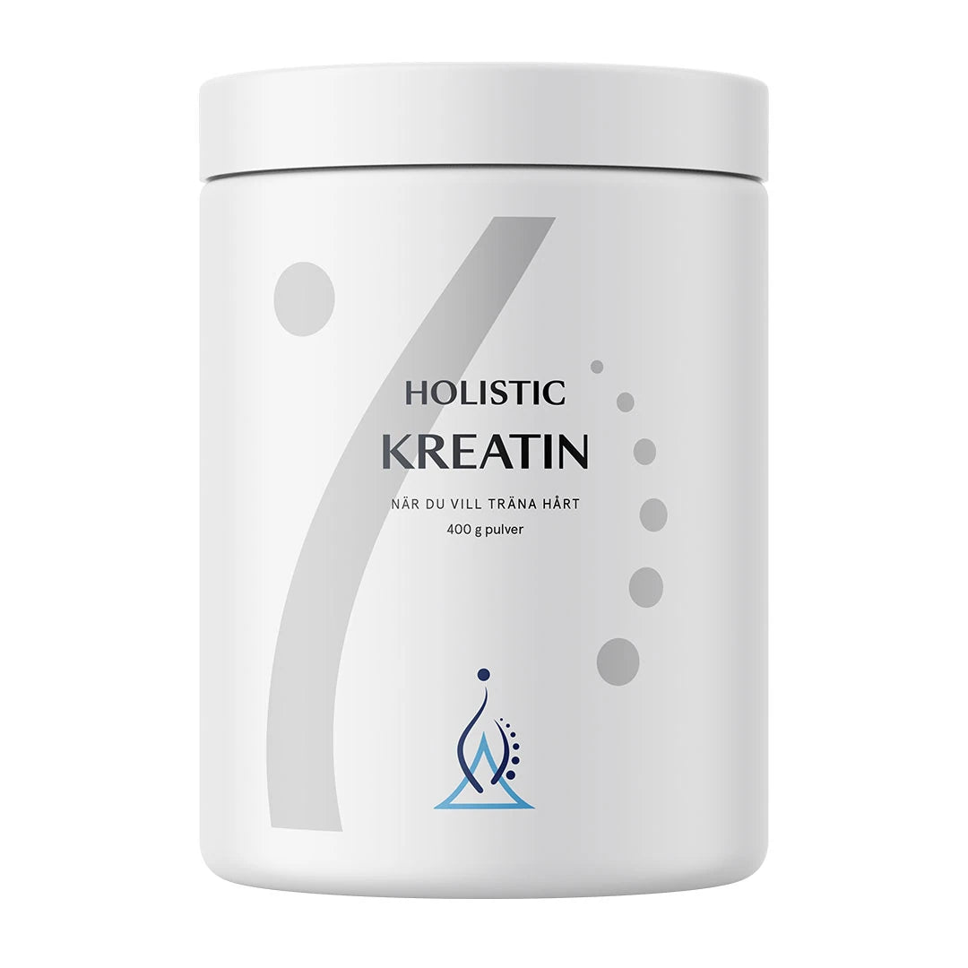 Holistic Kreatin 400 g -kreatiinijauhe tyylikkäässä valkoisessa purkissa, jossa on harmaita graafisia yksityiskohtia.