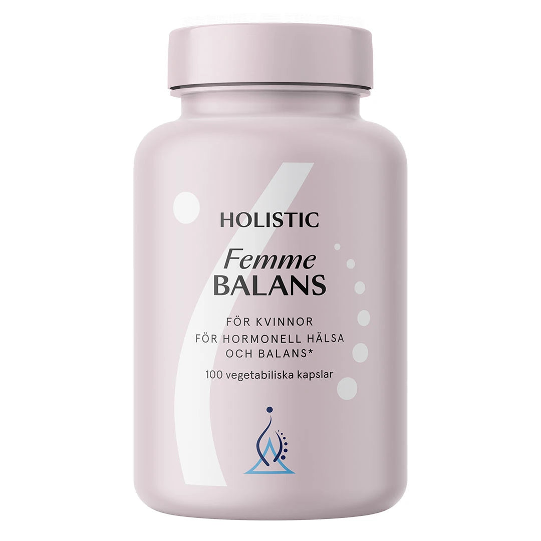 Holistic Femme Balans 100 caps -ravintolisä vaaleanpunaisessa muovipurkissa.