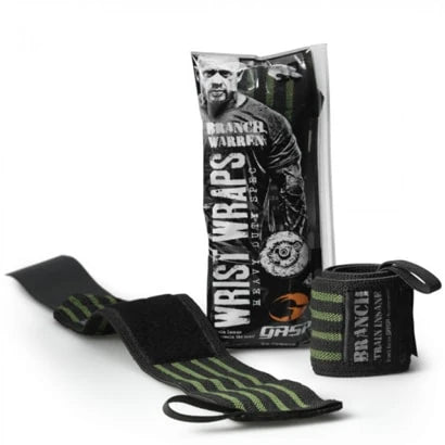 Kestävät mustat ja vihreäraitaiset GASP Branch Warren Heavy Duty Wrist Wraps -rannetuet esillä pakkauksineen.