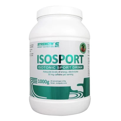 Strength Isosport 1 kg -urheilujuomajauhe valkoisessa muovipurkissa vihreillä yksityiskohdilla lisäenergiaksi treeniin.