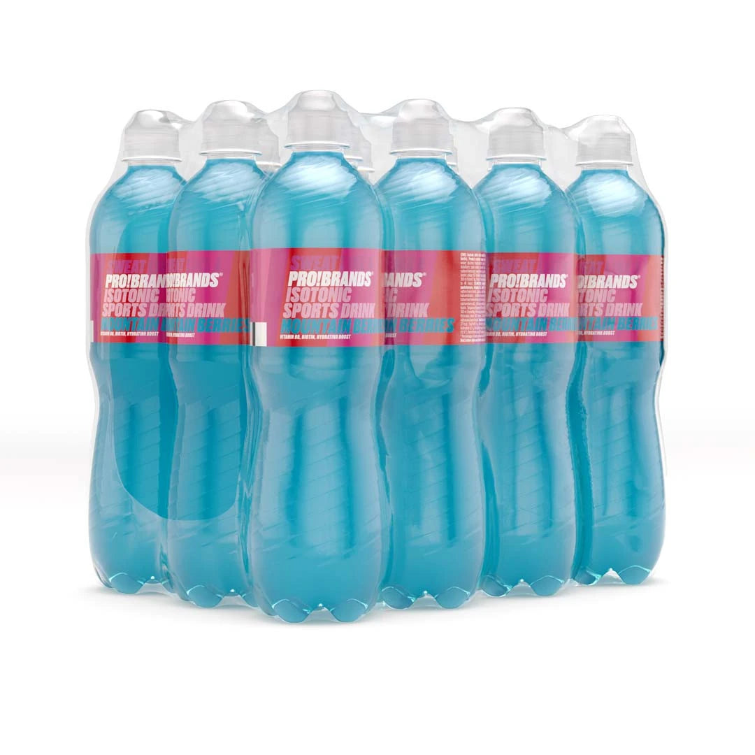 12 x Pro Brands ISOtonic Sports Drink 500 ml -monipakkaus, jossa muovipullot sinisellä juomalla ja pinkeillä etiketeillä., kuva 1/1