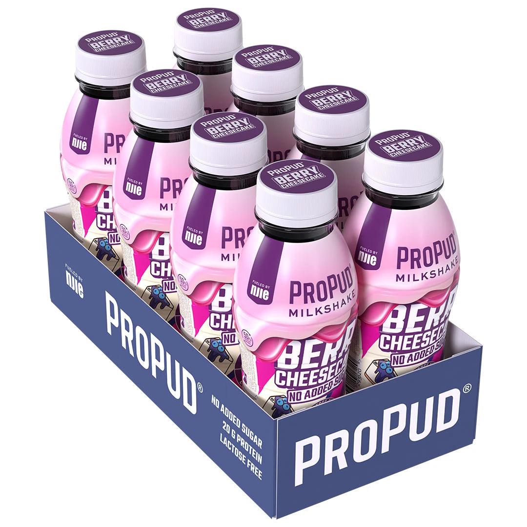 8 x NJIE ProPud Protein Milkshake 330 ml Berry Cheesecake tummansinisessä laatikossa, 8 vaaleanpuna-liilaa muovipulloa.
