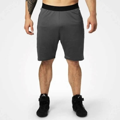 Better Bodies Brooklyn Gym Shorts Iron, harmaat polyesteriset treenishortsit mustalla vyötärönauhalla., kuva 1/2