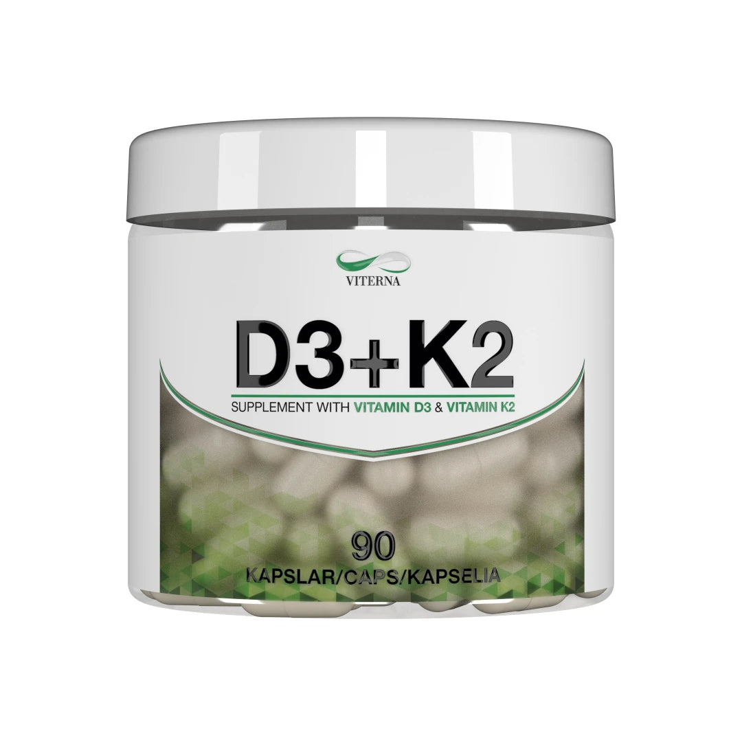 Viterna Vitamin D3 + K2 90 caps valkoisessa purkissa, jonka etiketissä on vihreitä yksityiskohtia ja näkyviä kapseleita.