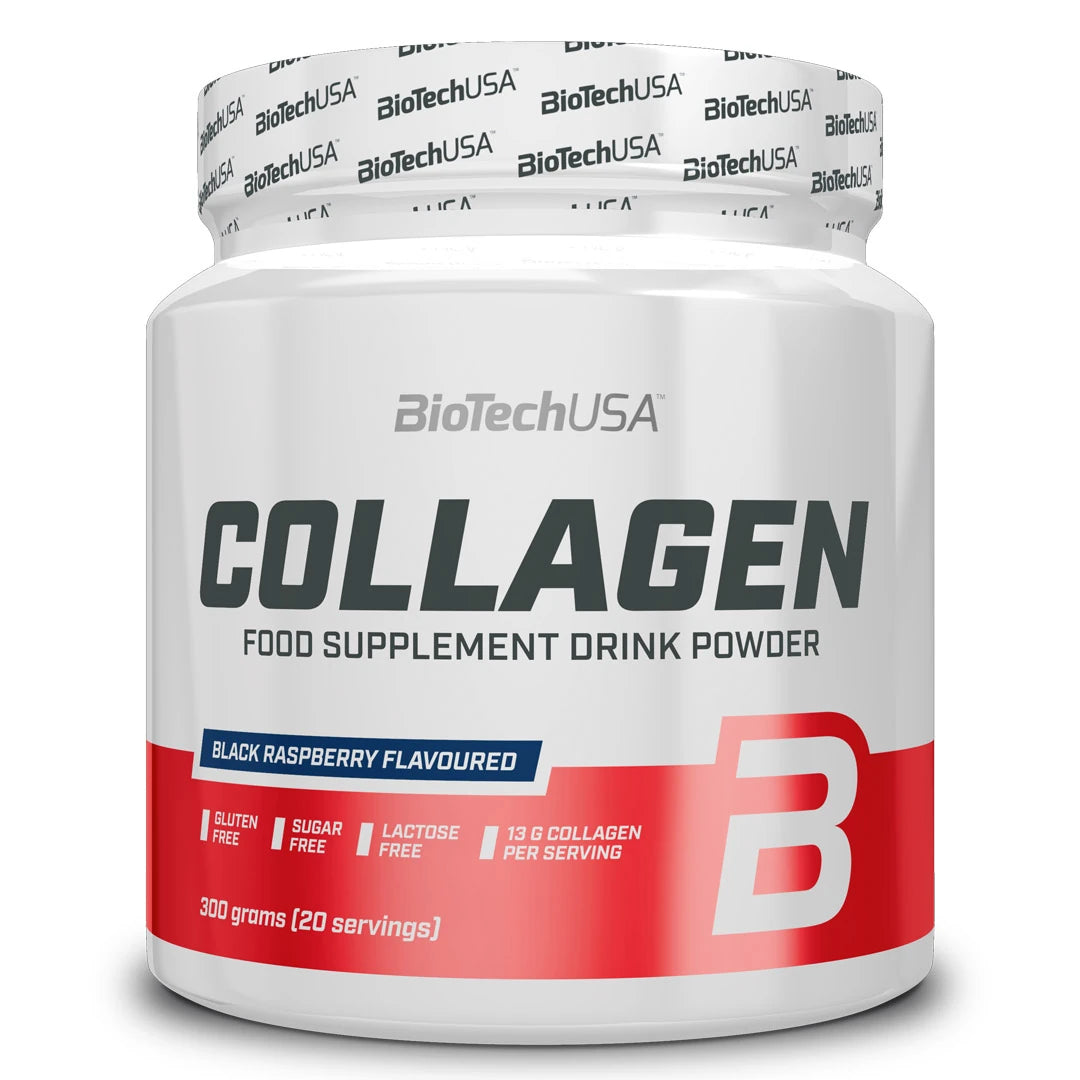 BioTechUSA Collagen 300 g -jauhe valkoisessa purkissa, jossa on punainen alaosa, makuna Black Raspberry.