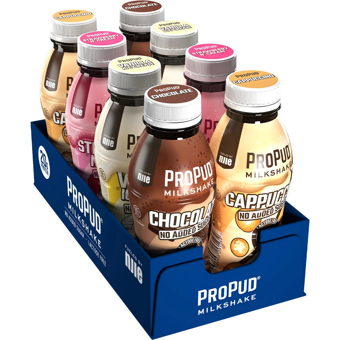 8 x NJIE ProPud Protein Milkshake Mix 330 ml sinisessä laatikossa, jossa on kahdeksan pulloa eri mauissa.