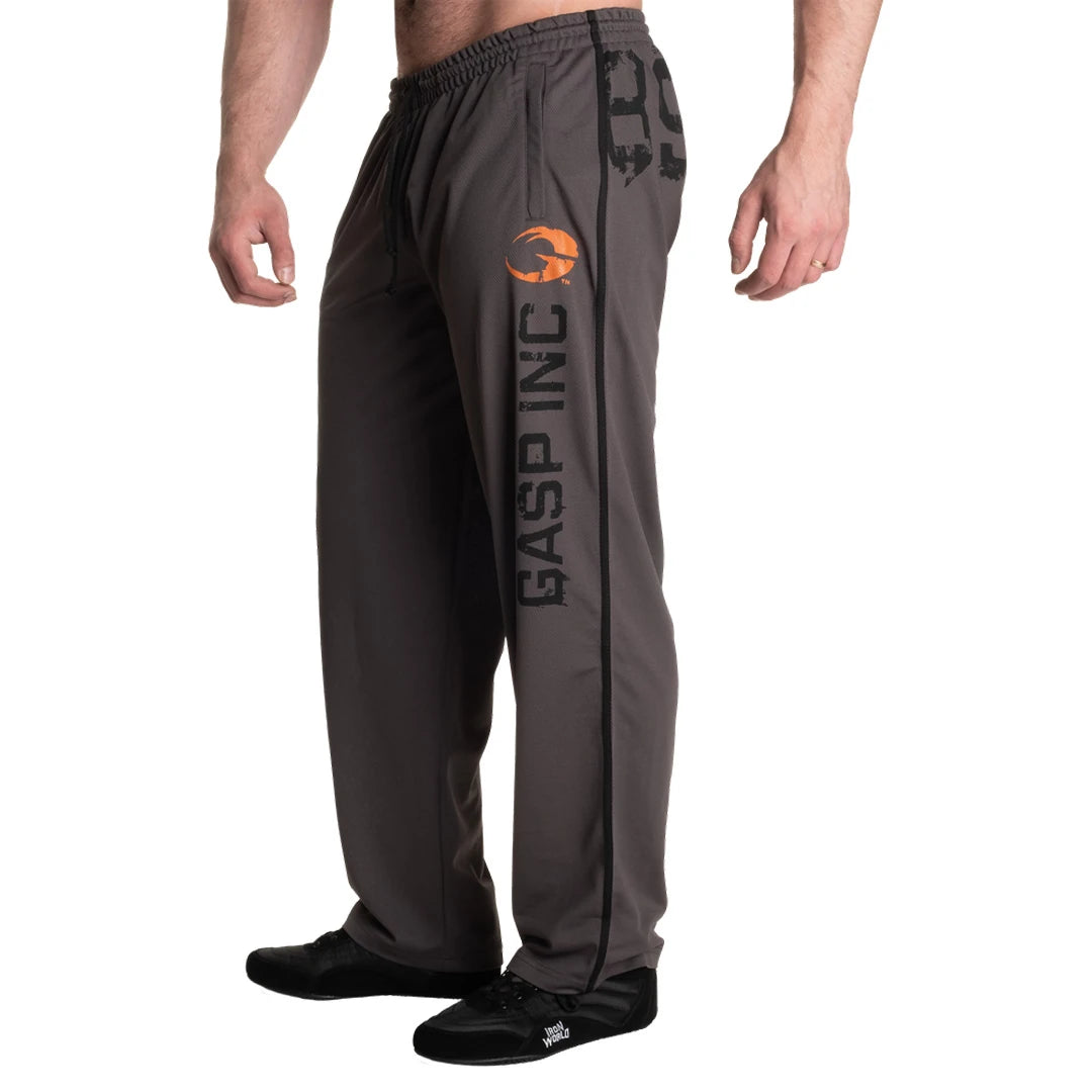 Gasp No 89 Mesh Pants Grey, harmaat mesh-treenihousut mustalla sivuraidalla ja isolla GASP-logolla, sivulta kuvattuna., kuva 2/5