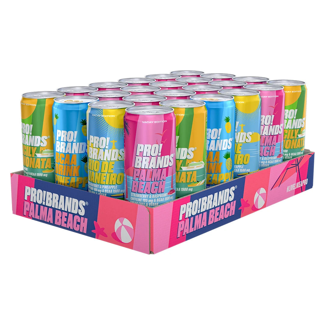 24 x Pro Brands Functional Drink Mixflak 330 ml vaaleanpunaisessa laatikossa täynnä värikkäitä, erimakuisia tölkkejä.