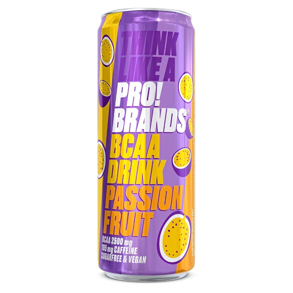 Pro Brands Drink 330 ml violetissa ja keltaisessa tölkissä, jossa on passionhedelmien kuvia ja makuna Passionfruit.